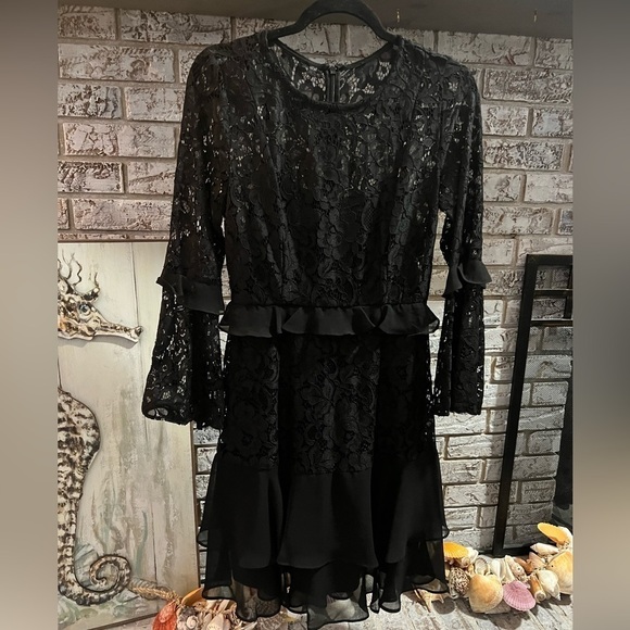 Neiman Marcus Lace Sheer Long Sleeve Dress - Picture 2 of 10